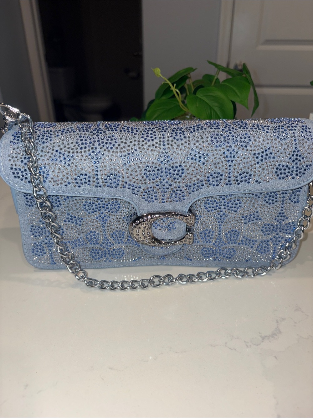 Women’s Light Blue Coach Crystal Embellished Chain Shoulder Bag